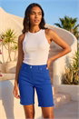 Midnight Blue Elastic Waist Turn Up Stretch Shorts, Image 1 of 4