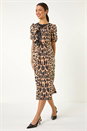 Camel Animal Print Tie Detail Midi Dress, Image 1 of 6