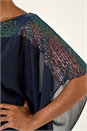 Navy  Sequin Yoke Contrast Chiffon Top, Image 5 of 5