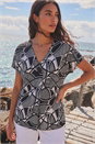 Black Abstract Print V-Neck Stretch Top, Image 1 of 4
