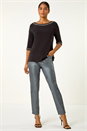 Black Embellished Neck Stretch Top, Image 2 of 5