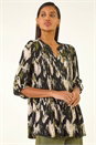 Black Abstract Print Pintuck Stretch Top, Image 4 of 5