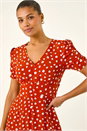 Dark Orange Polka Dot Ruched Sleeve Midi Dress, Image 5 of 6