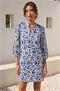 Blue Floral Print V-Neck Shirt Dress, Image 1 of 4