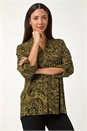Olive Paisley Print Pleat V-Neck Stretch Top, Image 2 of 5