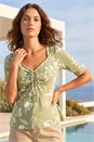 KHAKI Petite Floral Print Drawstring Top, Image 1 of 4