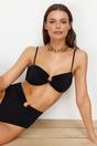 Black Ruched Bandeau Bikini Top with Ring Detail, Image 1 of 5