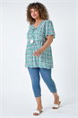 Green Curve Tie Front V-Neck Boho Printed Top, Image 2 of 5