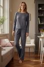 Grey WOVCOR Grey Soft Touch Long Sleeve Pyjama Top and Wide Leg Trouser Set, Image 1 of 3