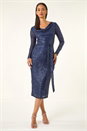 Navy  Dusk Sequin Cowl Neck Stretch Dress, Image 2 of 5