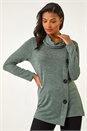 Khaki Cowl Neck Button Stretch Top, Image 1 of 5