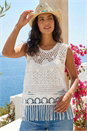 White Dusk Crochet Tassel Knit Top, Image 2 of 4