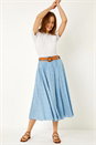 Denim Floral Print Belted Elastic Waist Midi Skirt, Image 2 of 5