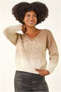 Beige Sparkly Ombre V-Neck Knit Jumper , Image 4 of 5