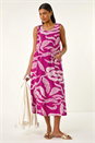 Magenta Leaf Print Shift Midi Dress, Image 1 of 5