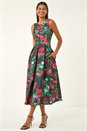 Black Floral Print Premium Stretch Midi Dress, Image 1 of 5