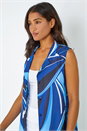 Blue Abstract Print Longline Button Up Blouse, Image 4 of 5