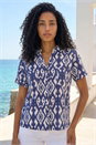 Navy Ikat Print Linen Blend Shirt, Image 1 of 4