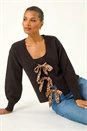 Black Animal Tie Front Knit Cardigan, Image 1 of 5