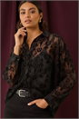 Black Textured Floral V-Neck Top, Image 2 of 6