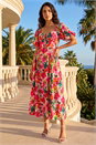 Red Dusk Floral Pleated Puff Dress, Image 1 of 4