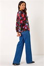 Red Floral Print Tie Neck Stretch Top, Image 3 of 5