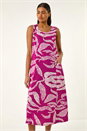 Magenta Leaf Print Shift Midi Dress, Image 2 of 5