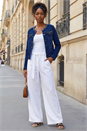 Indigo Collarless Tape Stretch Denim Jacket, Image 2 of 4