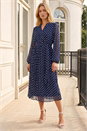 Navy Polka Dot Pleated Midi Dress, Image 1 of 4