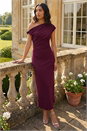 Wine Drape Shoulder Stretch Midi Dress, Image 1 of 4