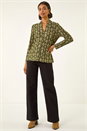 Khaki Aztec Print V-Neck Stretch Top, Image 3 of 5