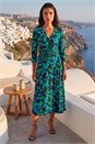 Green Abstract Print V-Neck Stretch Midi Dress, Image 1 of 4