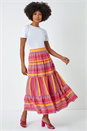 Fushcia Tiered Striped Elastic Waist Maxi Skirt, Image 2 of 7