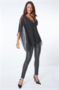 Black Sequin Embellished Trim Chiffon Overlay Top, Image 2 of 5