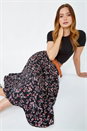 Black Floral Print Belted Midi Skirt, Image 1 of 5