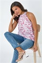 Light Pink Floral Print Halter Neck Frill Top, Image 1 of 5
