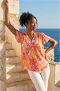 PINK Leaf Print Shirred V-Neck Top, Image 1 of 4