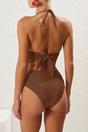 Brown Halterneck Ring Detail Ruched Bikini Set, Image 4 of 4