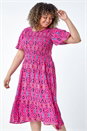 Pink Curve Printed Crinkle Shirred Midi Dress, Image 1 of 5