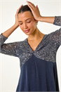 Navy  Sequin Bodice V-Neck Stretch Tunic Top, Image 2 of 5