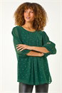 Dark Green Pleated Sleeve Sparkly Top, Image 1 of 5