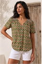 Khaki Printed Shirred Shoulder Blouse, Image 1 of 4