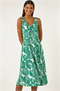Green Leaf Print V-Neck Stretch Midi Dress, Image 4 of 5