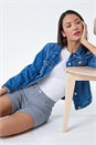 Navy  Stripe Turn Up Elastic Waist Stretch Shorts, Image 2 of 4