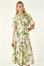 Green Floral Tie Waist Shirt Dress, Image 4 of 5