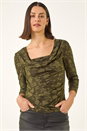 Khaki Cowl Neck Jacquard Stretch Top, Image 2 of 5