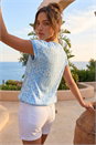 Blue Petite V-Neck Trim Stretch Top, Image 3 of 4
