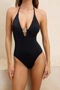 Black Halterneck Cut Out Swimsuit with Hardware Detail, Image 2 of 5