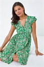 Green Paisley Floral Print Frill Dress, Image 1 of 5