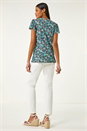 Navy  Floral Print Ladder Trim Stretch Top, Image 3 of 5